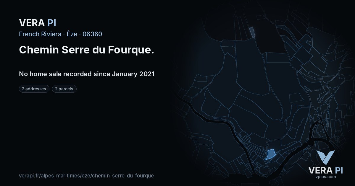 Chemin Serre du Fourque, Èze at night – every parcel coloured by the prices around it, the street's own parcels lit