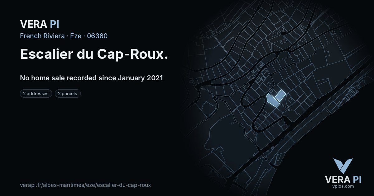 Escalier du Cap-Roux, Èze at night – every parcel coloured by the prices around it, the street's own parcels lit