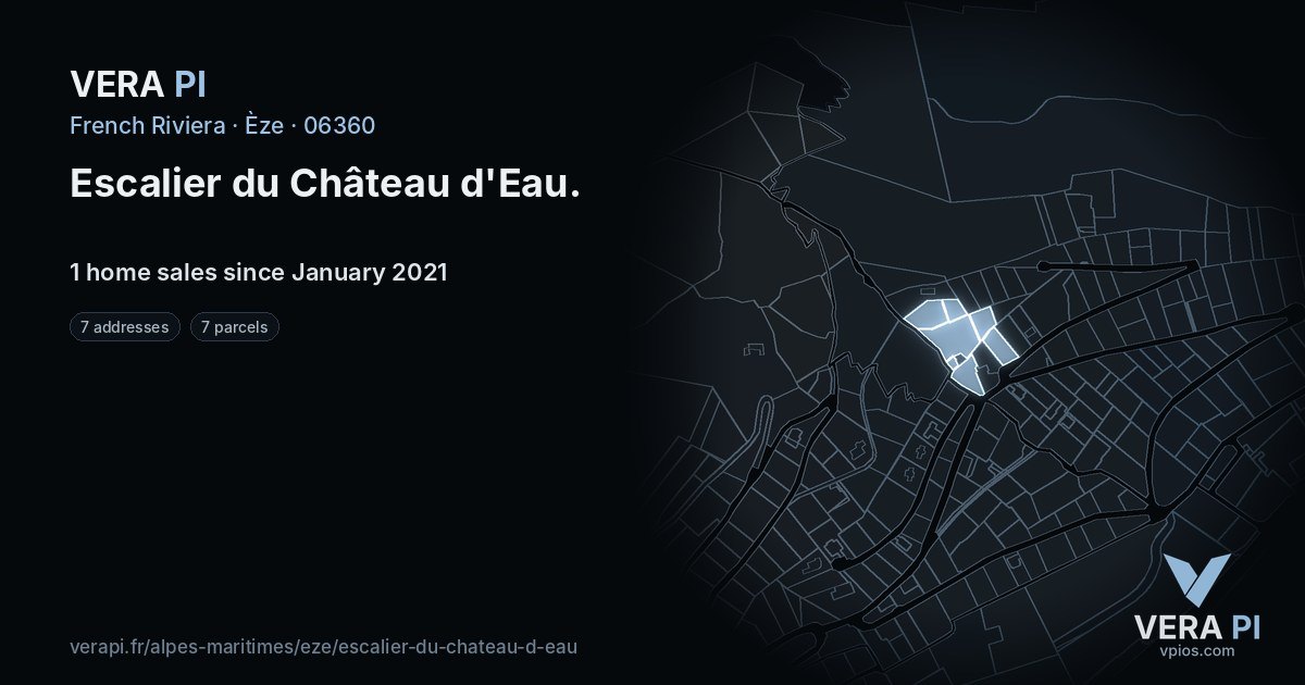 Escalier du Château d'Eau, Èze at night – every parcel coloured by the prices around it, the street's own parcels lit