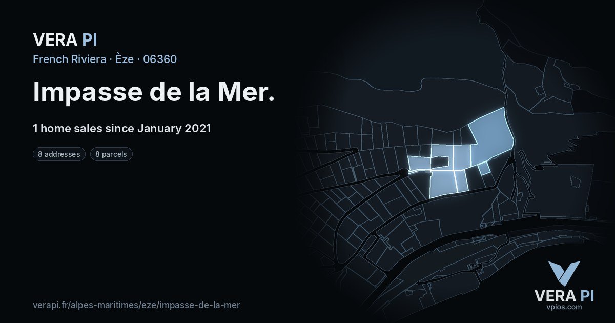 Impasse de la Mer, Èze at night – every parcel coloured by the prices around it, the street's own parcels lit