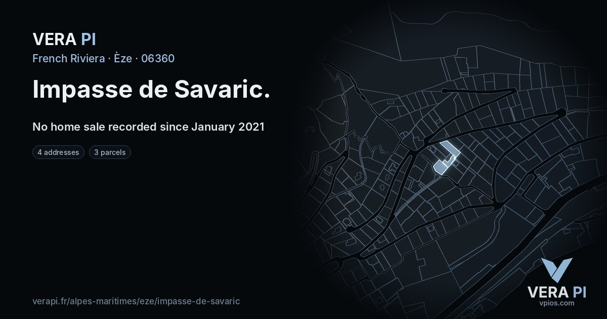 Impasse de Savaric, Èze at night – every parcel coloured by the prices around it, the street's own parcels lit