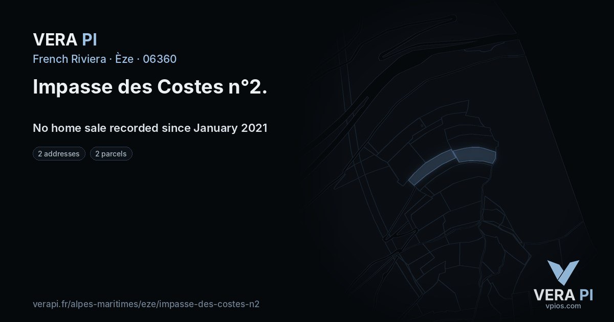 Impasse des Costes n°2, Èze at night – every parcel coloured by the prices around it, the street's own parcels lit