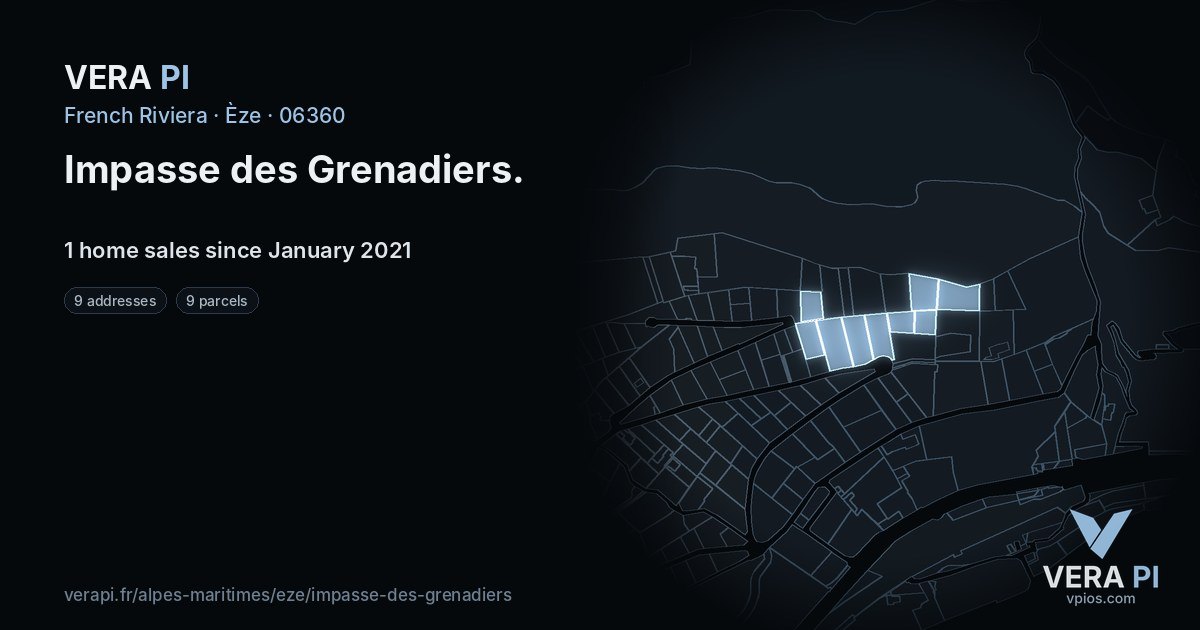 Impasse des Grenadiers, Èze at night – every parcel coloured by the prices around it, the street's own parcels lit