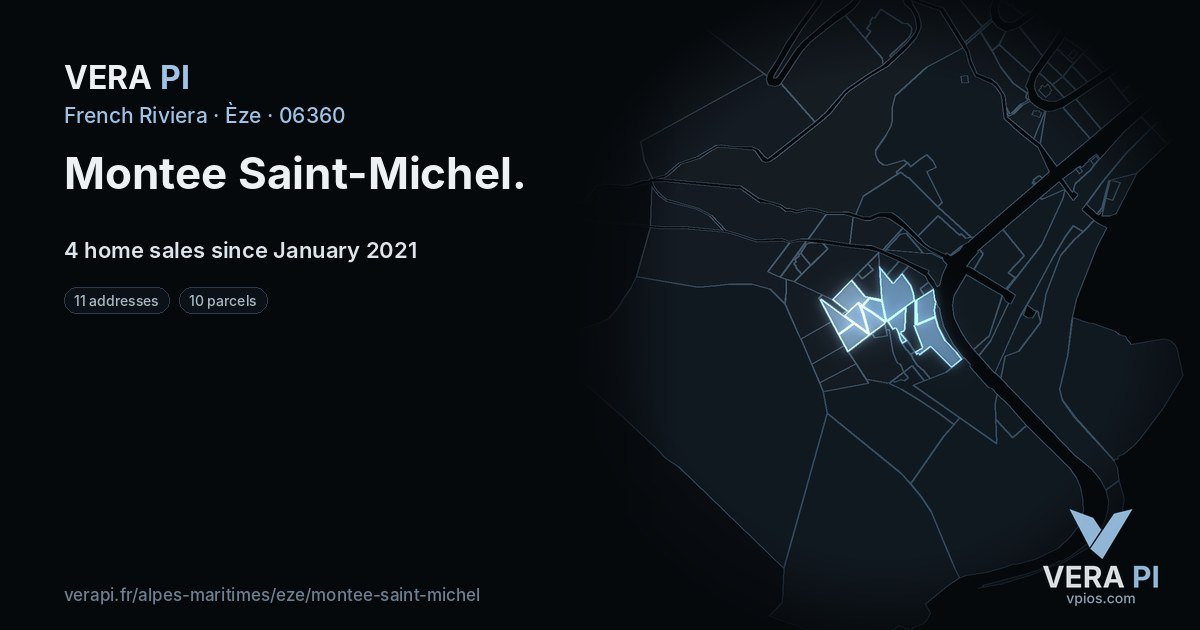 Montee Saint-Michel, Èze at night – every parcel coloured by the prices around it, the street's own parcels lit