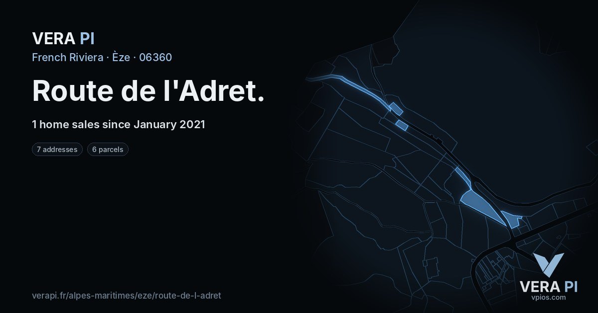 Route de l'Adret, Èze at night – every parcel coloured by the prices around it, the street's own parcels lit