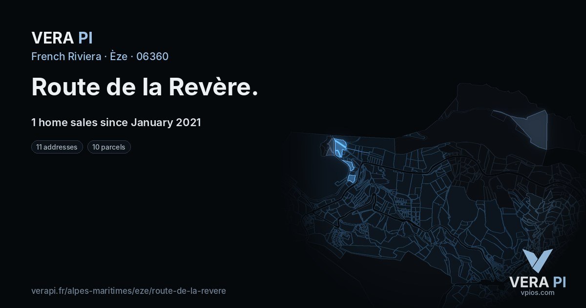 Route de la Revère, Èze at night – every parcel coloured by the prices around it, the street's own parcels lit