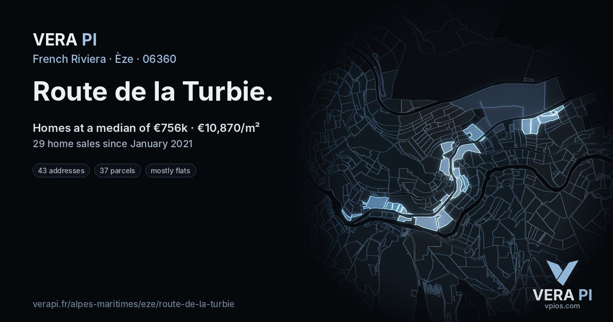Route de la Turbie, Èze at night – every parcel coloured by the prices around it, the street's own parcels lit