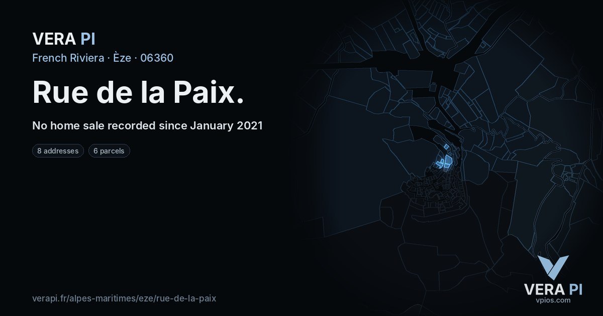 Rue de la Paix, Èze at night – every parcel coloured by the prices around it, the street's own parcels lit