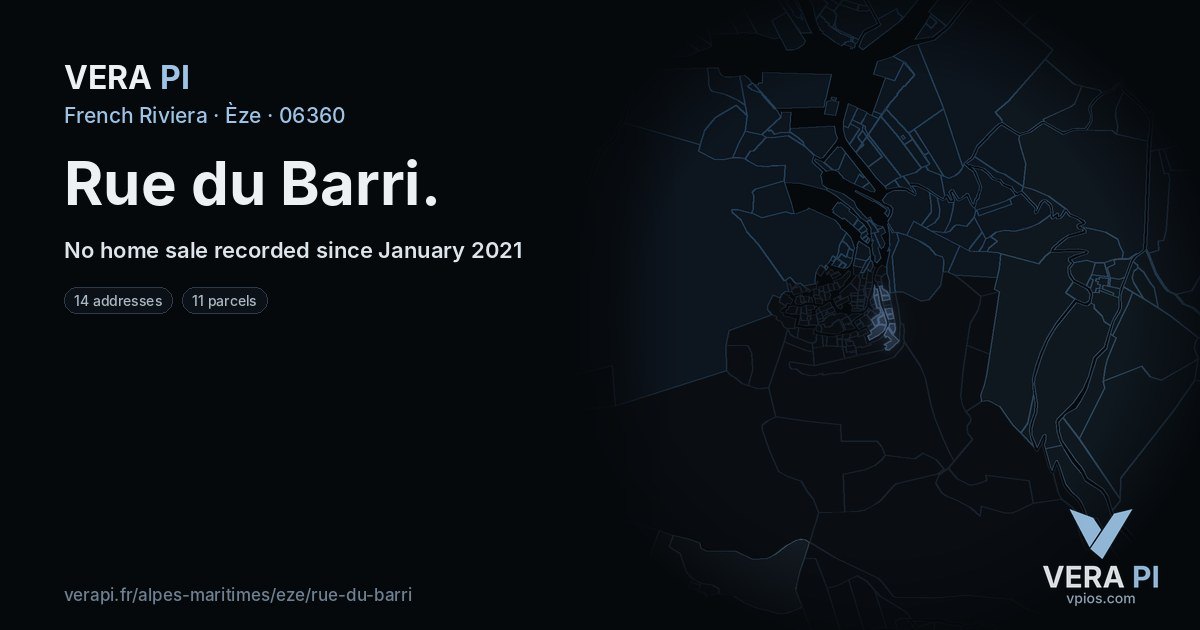 Rue du Barri, Èze at night – every parcel coloured by the prices around it, the street's own parcels lit