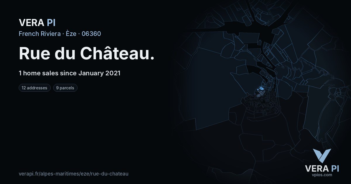 Rue du Château, Èze at night – every parcel coloured by the prices around it, the street's own parcels lit