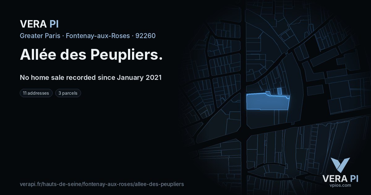 Allée des Peupliers, Fontenay-aux-Roses at night – every parcel coloured by the prices around it, the street's own parcels lit
