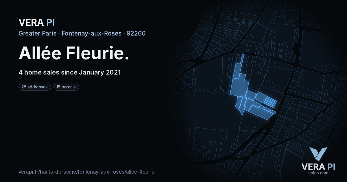 Allée Fleurie, Fontenay-aux-Roses at night – every parcel coloured by the prices around it, the street's own parcels lit