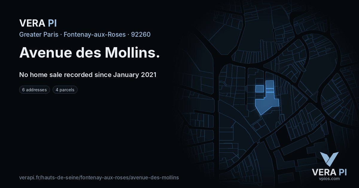 Avenue des Mollins, Fontenay-aux-Roses at night – every parcel coloured by the prices around it, the street's own parcels lit