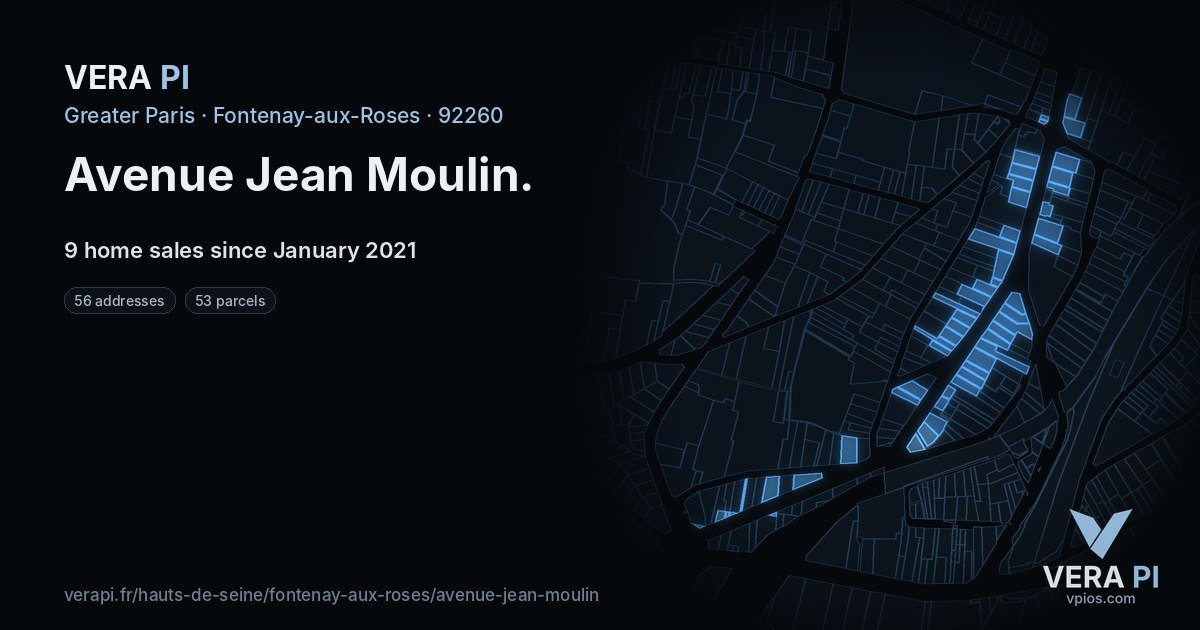 Avenue Jean Moulin, Fontenay-aux-Roses at night – every parcel coloured by the prices around it, the street's own parcels lit