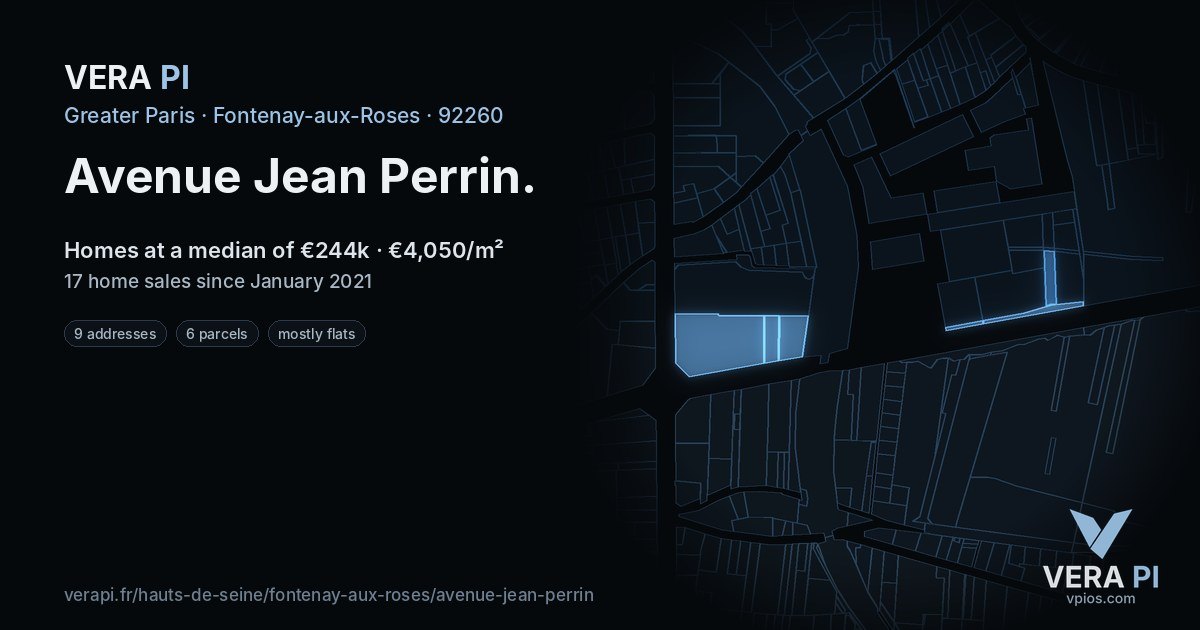 Avenue Jean Perrin, Fontenay-aux-Roses at night – every parcel coloured by the prices around it, the street's own parcels lit