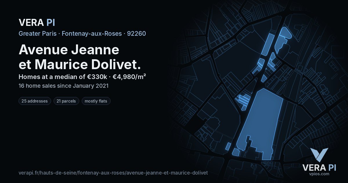 Avenue Jeanne et Maurice Dolivet, Fontenay-aux-Roses at night – every parcel coloured by the prices around it, the street's own parcels lit