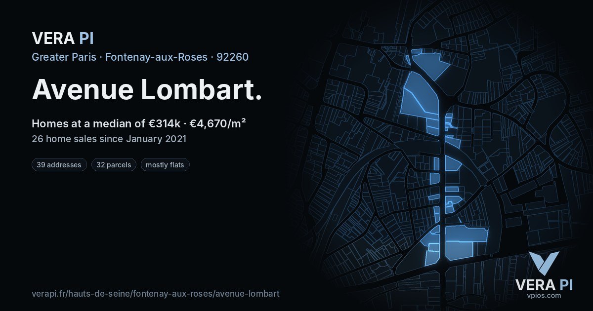 Avenue Lombart, Fontenay-aux-Roses at night – every parcel coloured by the prices around it, the street's own parcels lit