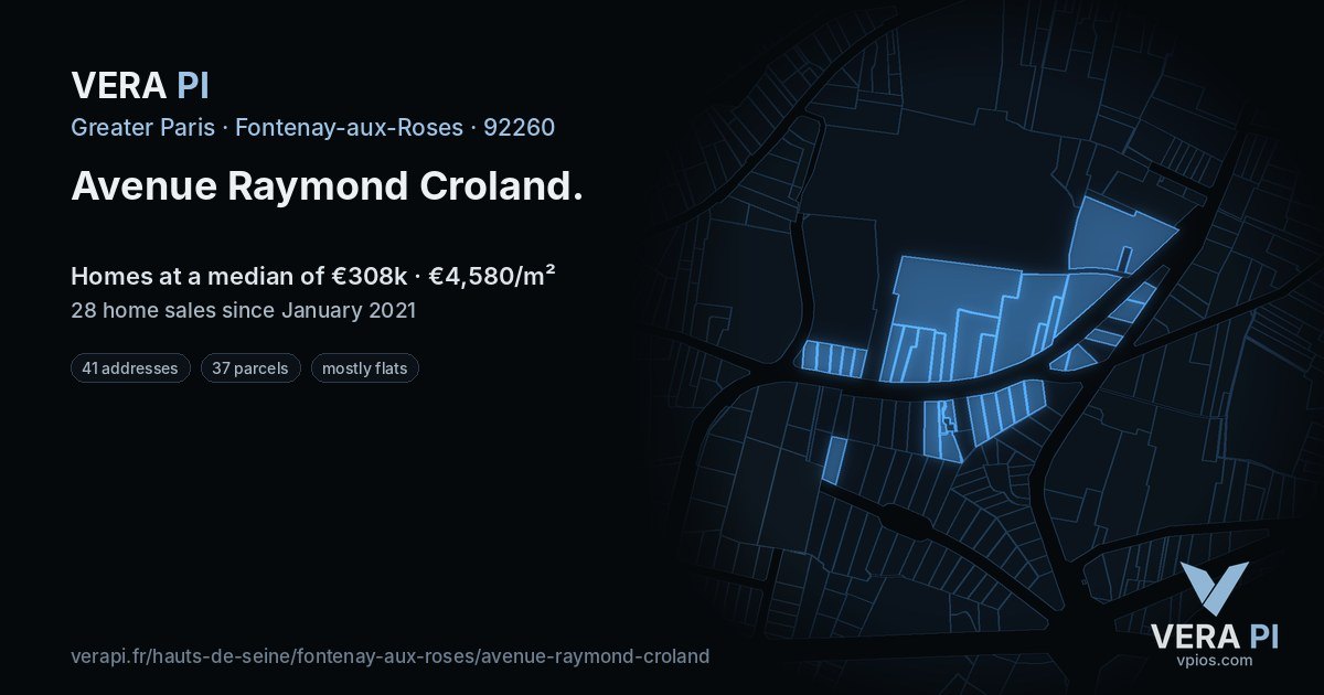 Avenue Raymond Croland, Fontenay-aux-Roses at night – every parcel coloured by the prices around it, the street's own parcels lit