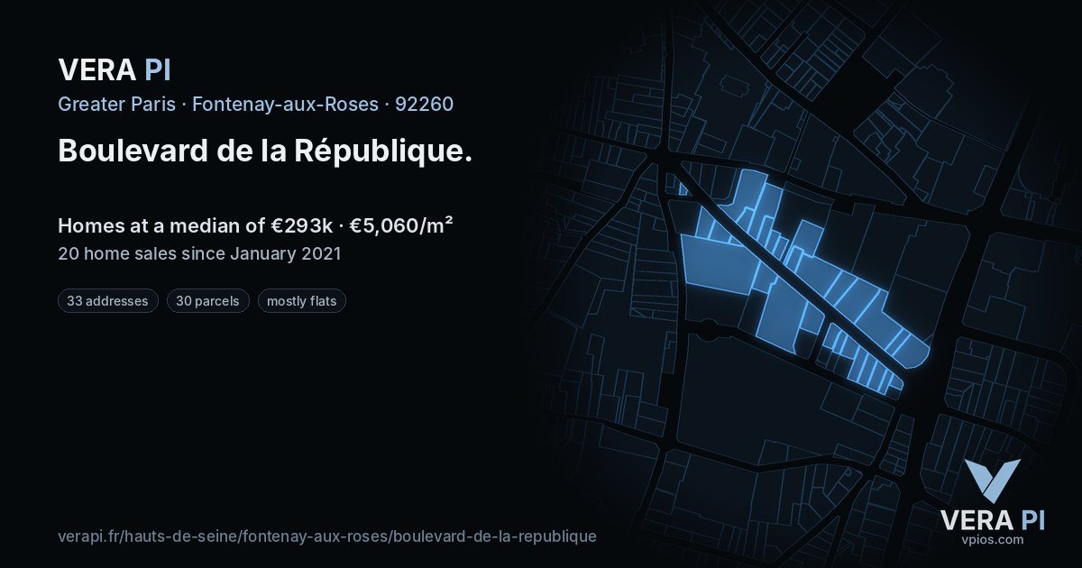 Boulevard de la République, Fontenay-aux-Roses at night – every parcel coloured by the prices around it, the street's own parcels lit