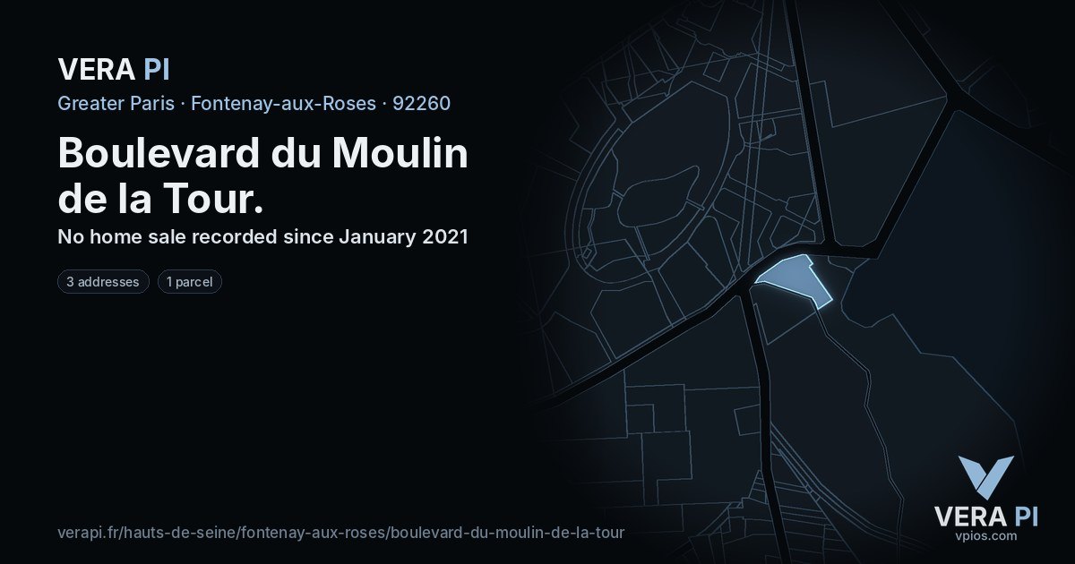 Boulevard du Moulin de la Tour, Fontenay-aux-Roses at night – every parcel coloured by the prices around it, the street's own parcels lit