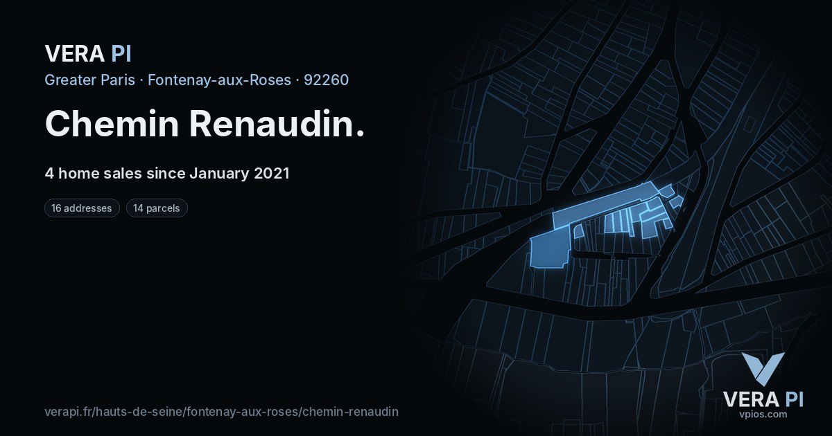 Chemin Renaudin, Fontenay-aux-Roses at night – every parcel coloured by the prices around it, the street's own parcels lit