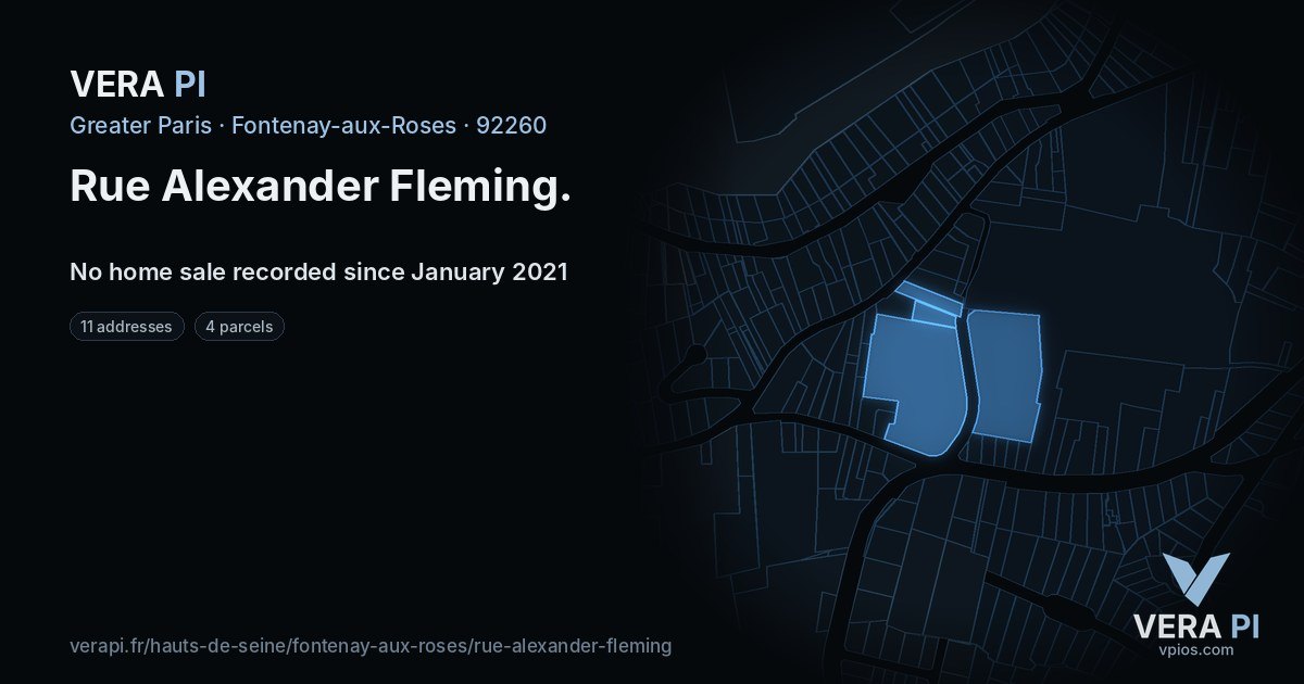 Rue Alexander Fleming, Fontenay-aux-Roses at night – every parcel coloured by the prices around it, the street's own parcels lit