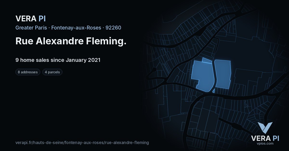 Rue Alexandre Fleming, Fontenay-aux-Roses at night – every parcel coloured by the prices around it, the street's own parcels lit