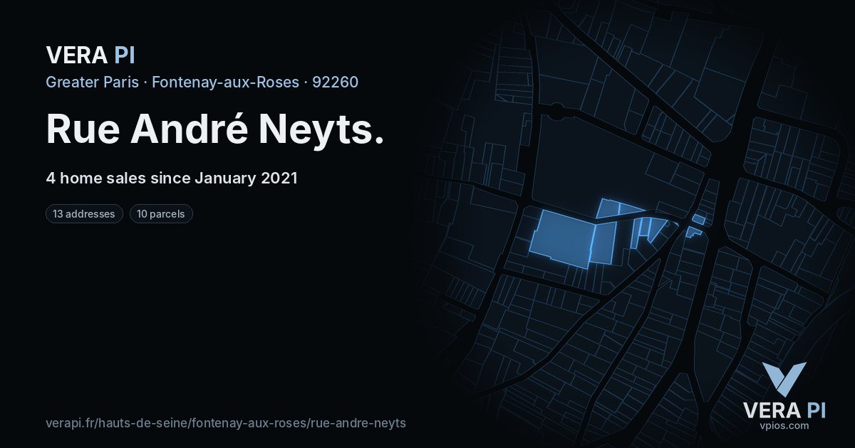 Rue André Neyts, Fontenay-aux-Roses at night – every parcel coloured by the prices around it, the street's own parcels lit