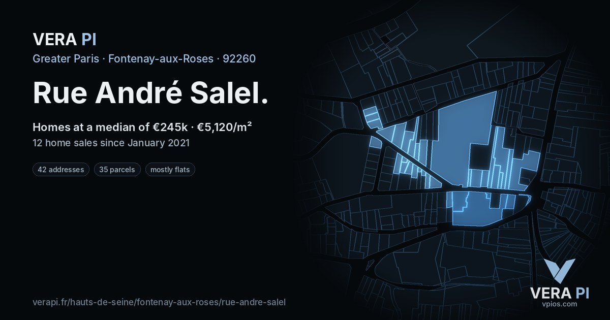 Rue André Salel, Fontenay-aux-Roses at night – every parcel coloured by the prices around it, the street's own parcels lit