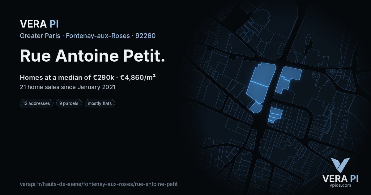 Rue Antoine Petit, Fontenay-aux-Roses at night – every parcel coloured by the prices around it, the street's own parcels lit