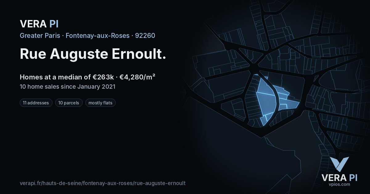 Rue Auguste Ernoult, Fontenay-aux-Roses at night – every parcel coloured by the prices around it, the street's own parcels lit