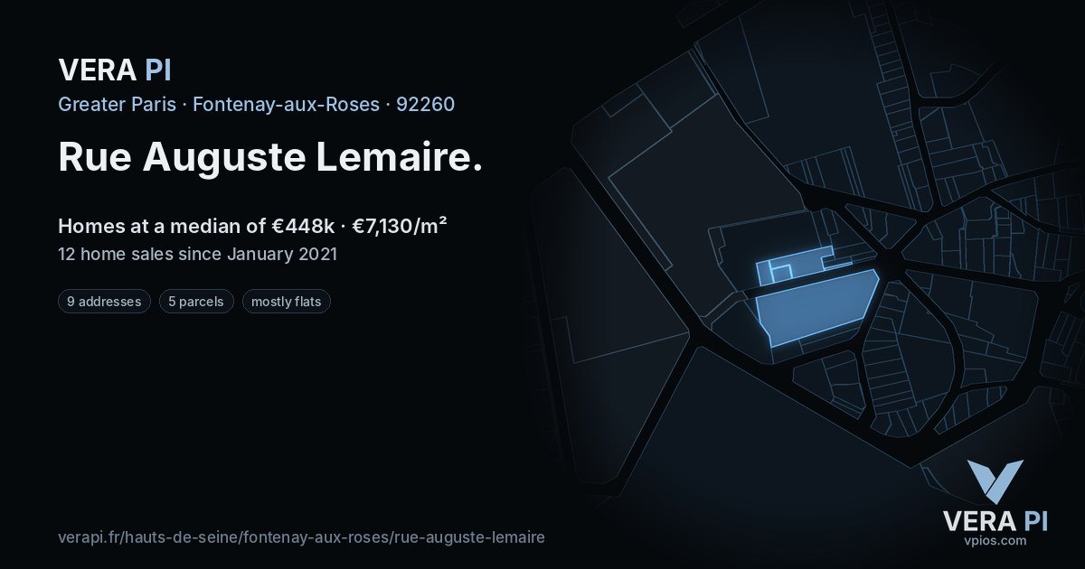 Rue Auguste Lemaire, Fontenay-aux-Roses at night – every parcel coloured by the prices around it, the street's own parcels lit
