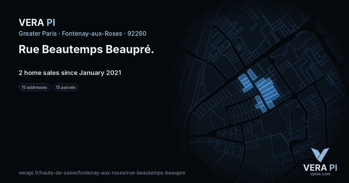 Rue Beautemps Beaupré, Fontenay-aux-Roses at night – every parcel coloured by the prices around it, the street's own parcels lit
