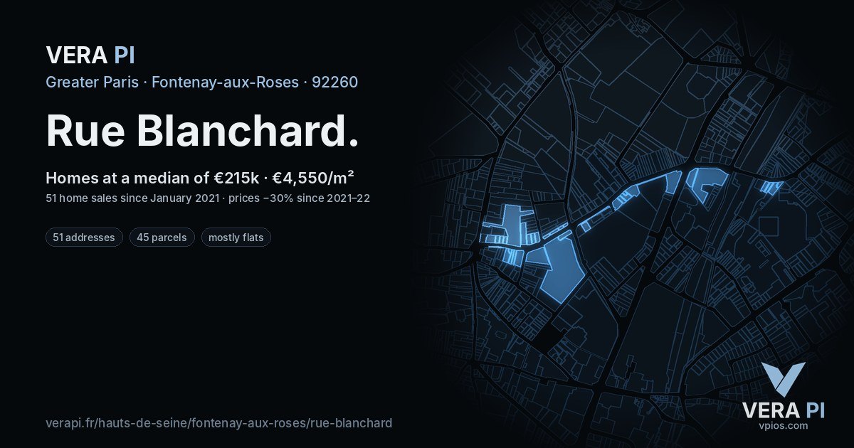 Rue Blanchard, Fontenay-aux-Roses at night – every parcel coloured by the prices around it, the street's own parcels lit