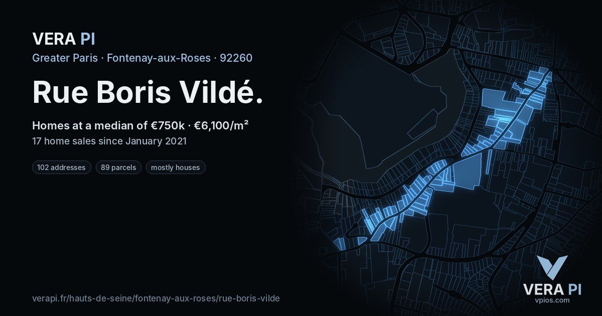 Rue Boris Vildé, Fontenay-aux-Roses at night – every parcel coloured by the prices around it, the street's own parcels lit
