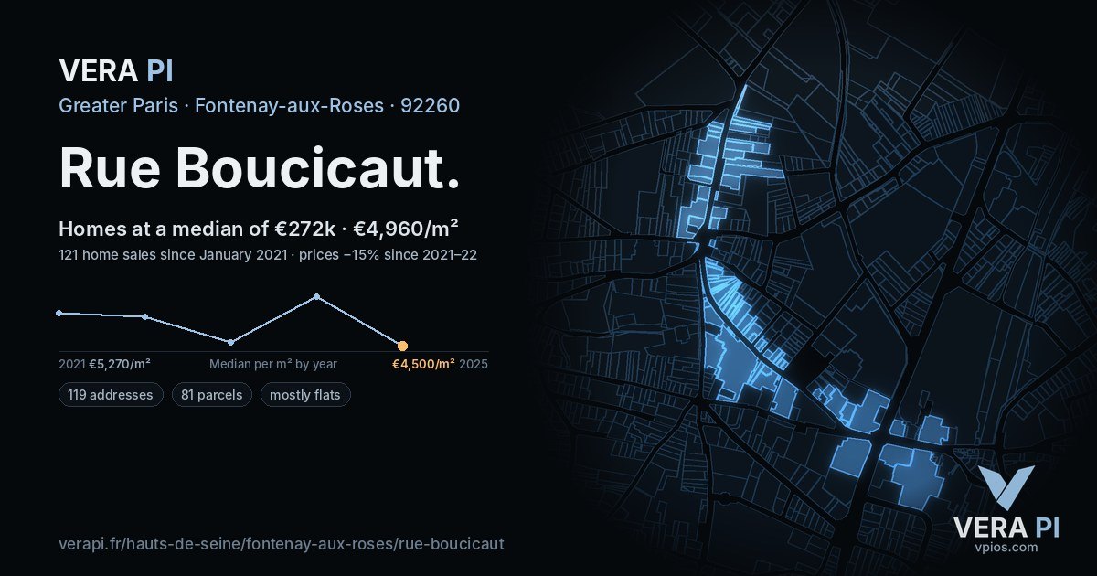 Rue Boucicaut, Fontenay-aux-Roses at night – every parcel coloured by the prices around it, the street's own parcels lit