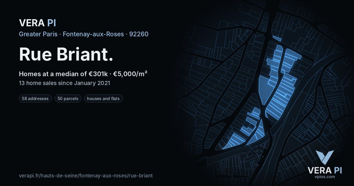 Rue Briant, Fontenay-aux-Roses at night – every parcel coloured by the prices around it, the street's own parcels lit