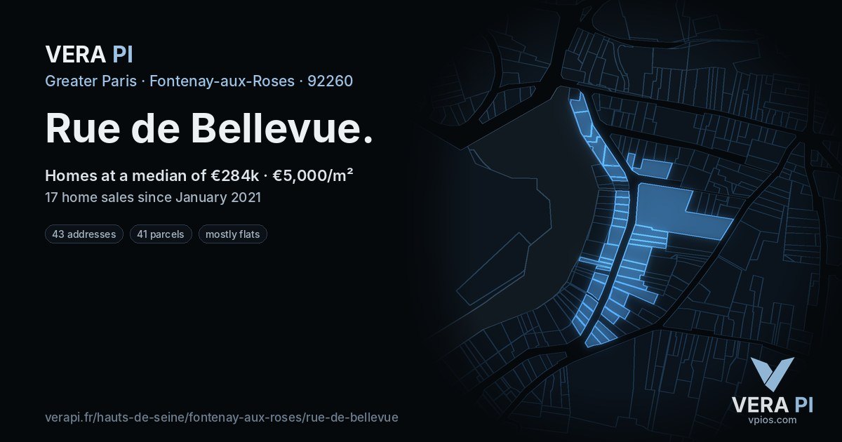 Rue de Bellevue, Fontenay-aux-Roses at night – every parcel coloured by the prices around it, the street's own parcels lit