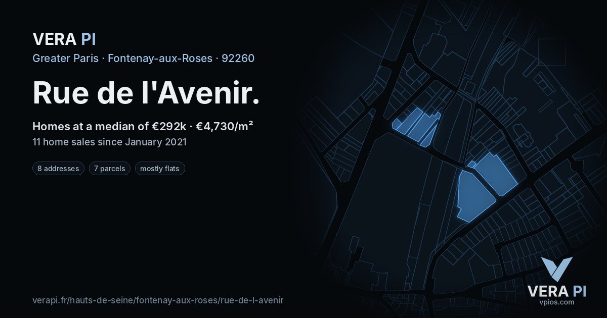 Rue de l'Avenir, Fontenay-aux-Roses at night – every parcel coloured by the prices around it, the street's own parcels lit