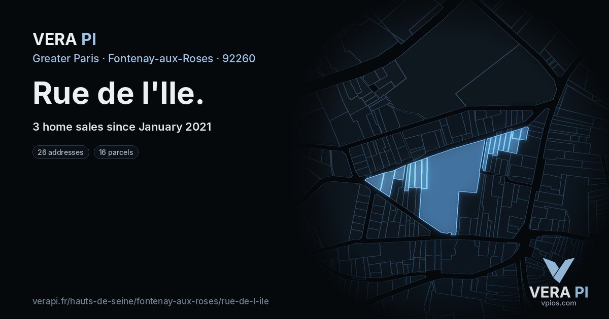 Rue de l'Ile, Fontenay-aux-Roses at night – every parcel coloured by the prices around it, the street's own parcels lit