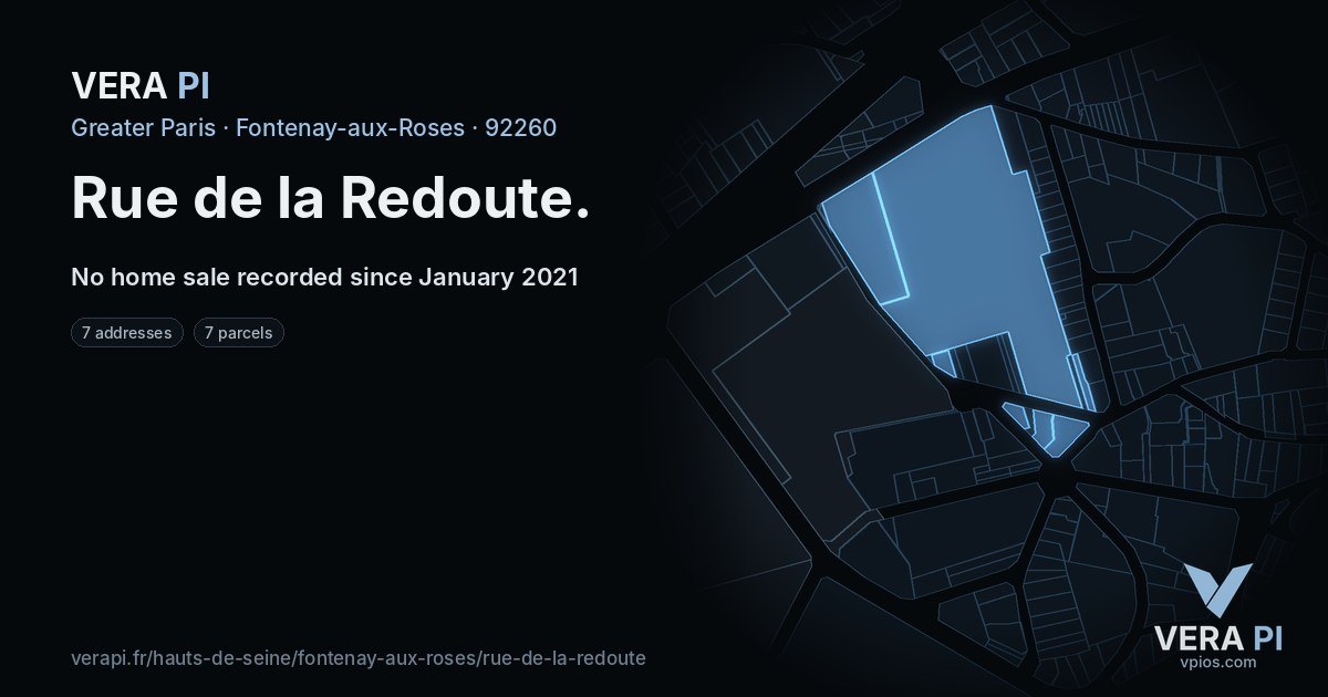 Rue de la Redoute, Fontenay-aux-Roses at night – every parcel coloured by the prices around it, the street's own parcels lit