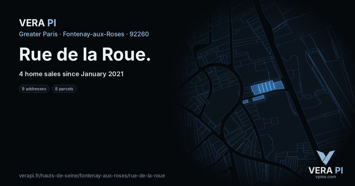Rue de la Roue, Fontenay-aux-Roses at night – every parcel coloured by the prices around it, the street's own parcels lit