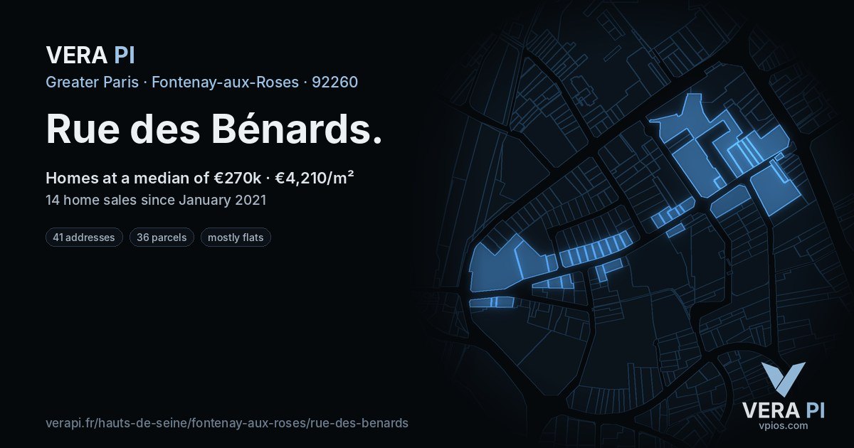 Rue des Bénards, Fontenay-aux-Roses at night – every parcel coloured by the prices around it, the street's own parcels lit