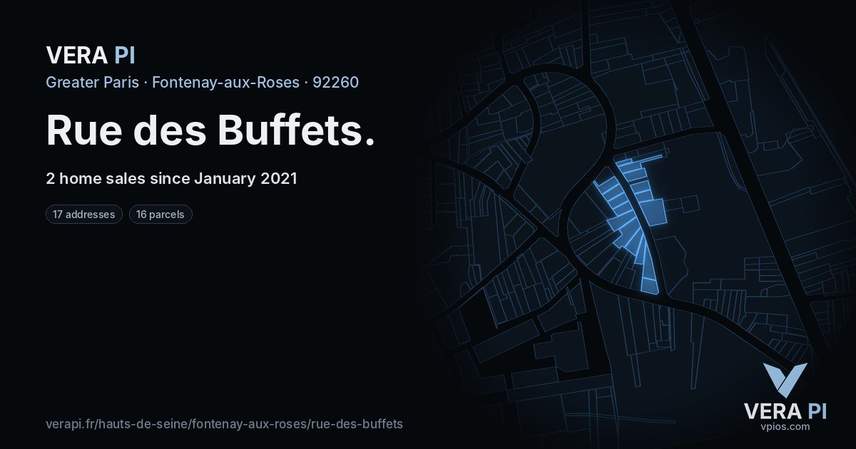 Rue des Buffets, Fontenay-aux-Roses at night – every parcel coloured by the prices around it, the street's own parcels lit