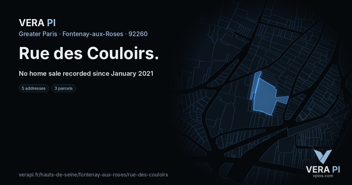 Rue des Couloirs, Fontenay-aux-Roses at night – every parcel coloured by the prices around it, the street's own parcels lit