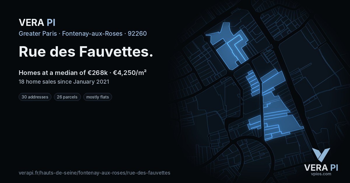 Rue des Fauvettes, Fontenay-aux-Roses at night – every parcel coloured by the prices around it, the street's own parcels lit