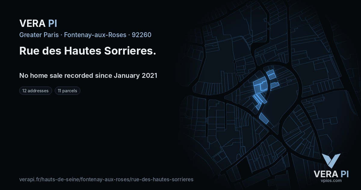 Rue des Hautes Sorrieres, Fontenay-aux-Roses at night – every parcel coloured by the prices around it, the street's own parcels lit