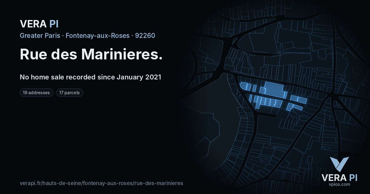 Rue des Marinieres, Fontenay-aux-Roses at night – every parcel coloured by the prices around it, the street's own parcels lit