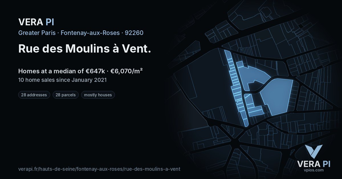 Rue des Moulins à Vent, Fontenay-aux-Roses at night – every parcel coloured by the prices around it, the street's own parcels lit