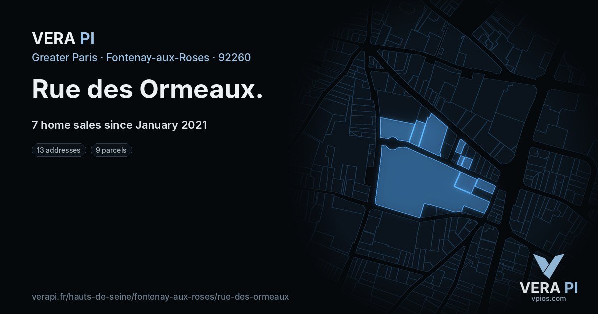 Rue des Ormeaux, Fontenay-aux-Roses at night – every parcel coloured by the prices around it, the street's own parcels lit